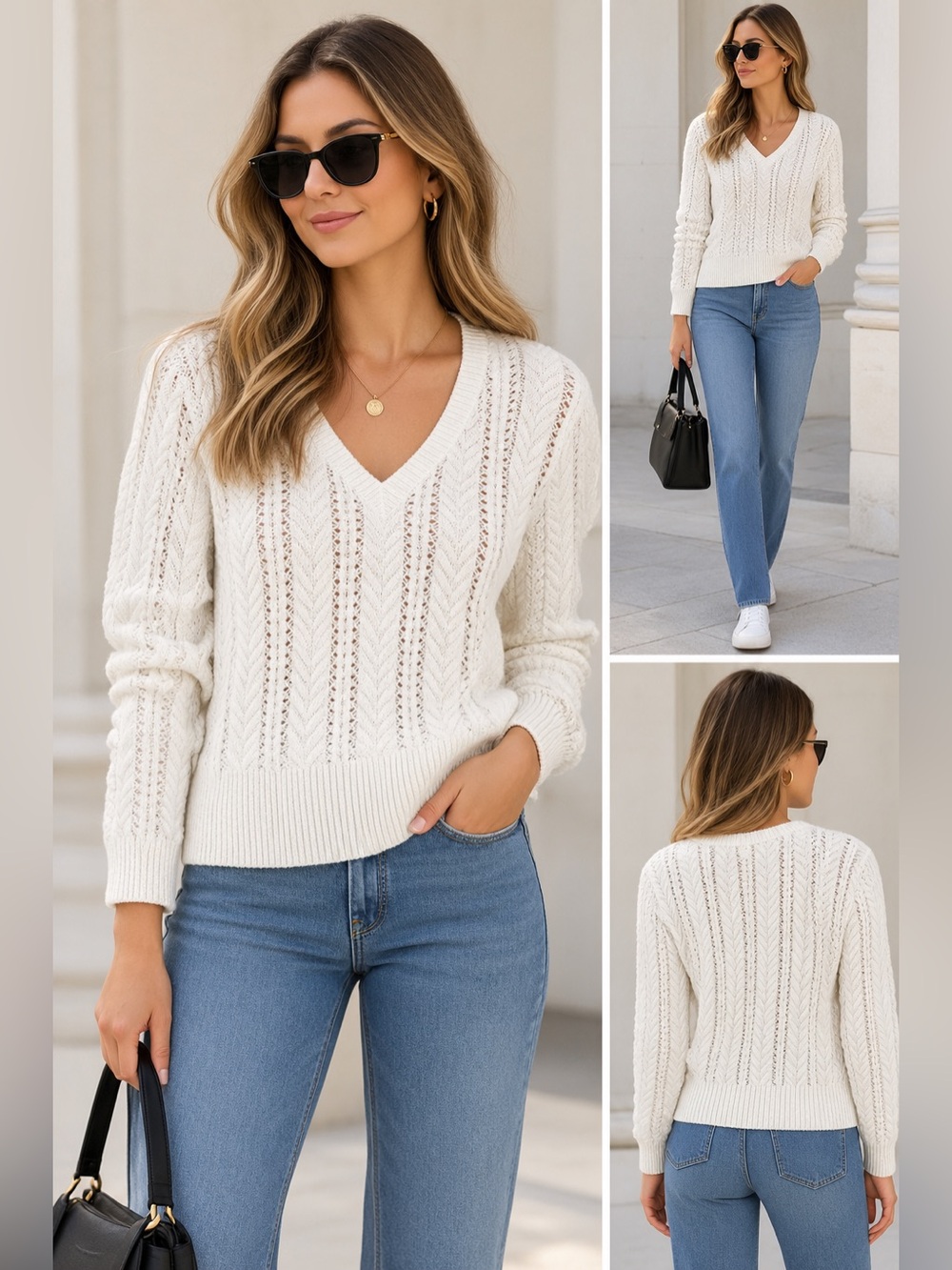 Zara Ivory V-Neck Open-Knit Sweater for Women